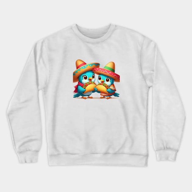 cute love birds are eating Mexican specialties, Tacos, Burritos, Enchiladas, Quesadillas, Guacamole, Fajitas, Chiles Rellenos, Tamales, Mole, Chilaquiles, Crewneck Sweatshirt by art poo